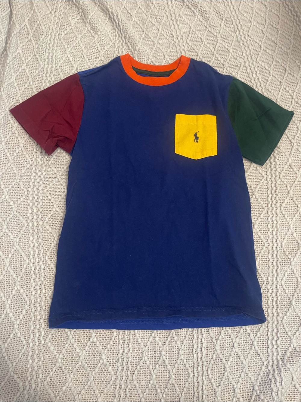 Polo by Ralph Lauren Navy Colorblock Tee with Yellow Pocket and Orange Neck